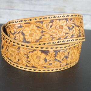 WAYNE Embossed Floral Brown Leather Belt Men No Buckle 2 inch Wide Western Large